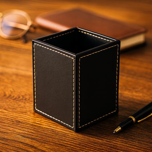 Leather Brown Square Pen Holder