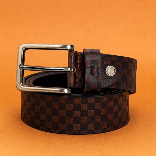 Bhokals Men Brown Chess Plub Leather Belt
