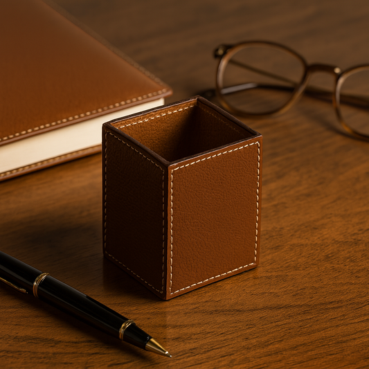 Leather Solid Brown Square Pen Holder