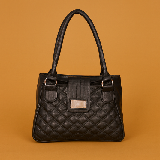 Leather Black Check Women Hand Bag