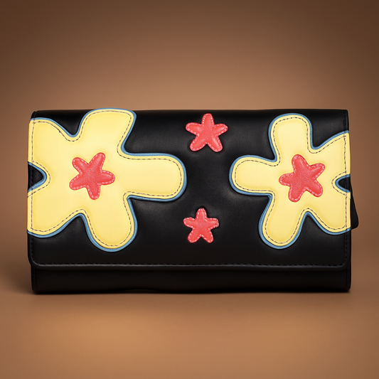 Leather Solid Black Big Flower Women Wallet