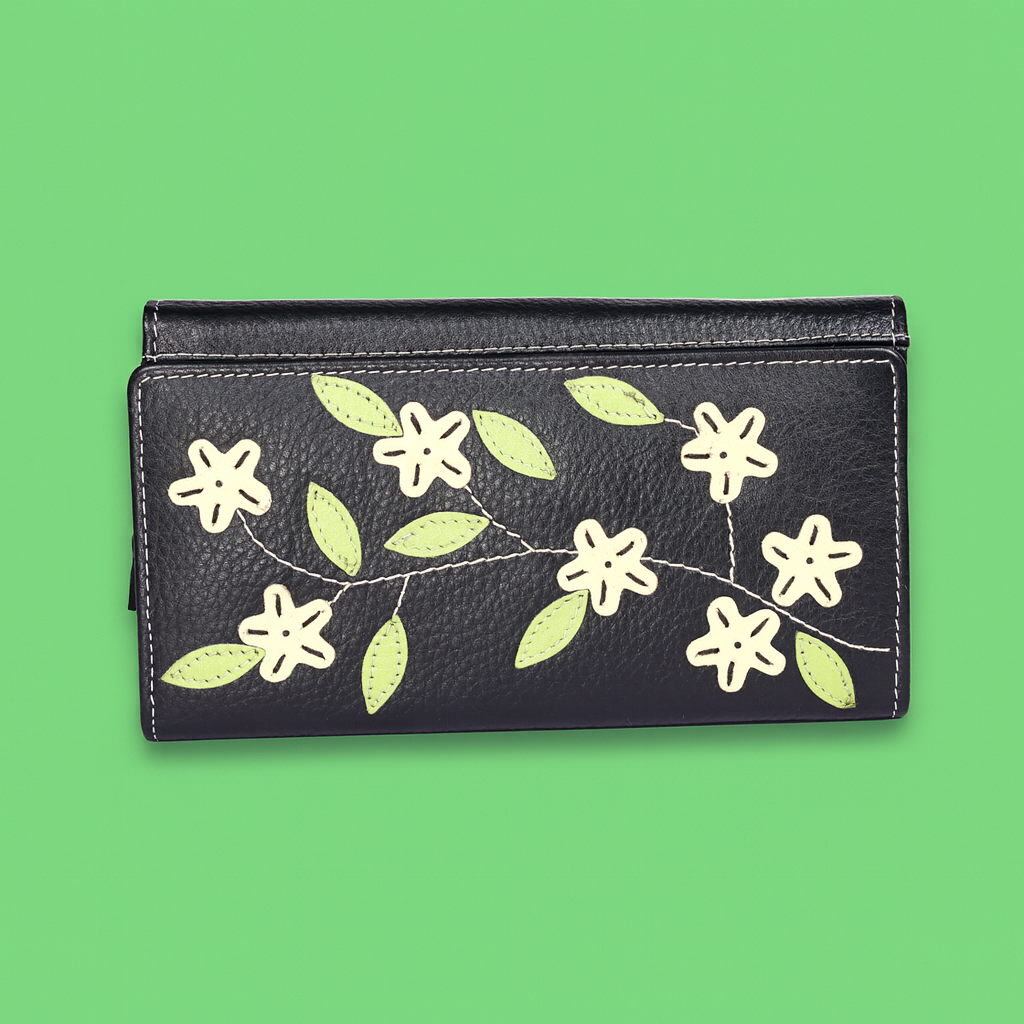 Leather Black Cream Flower Women Wallet