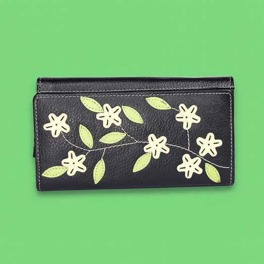 Leather Black Cream Flower Women Wallet