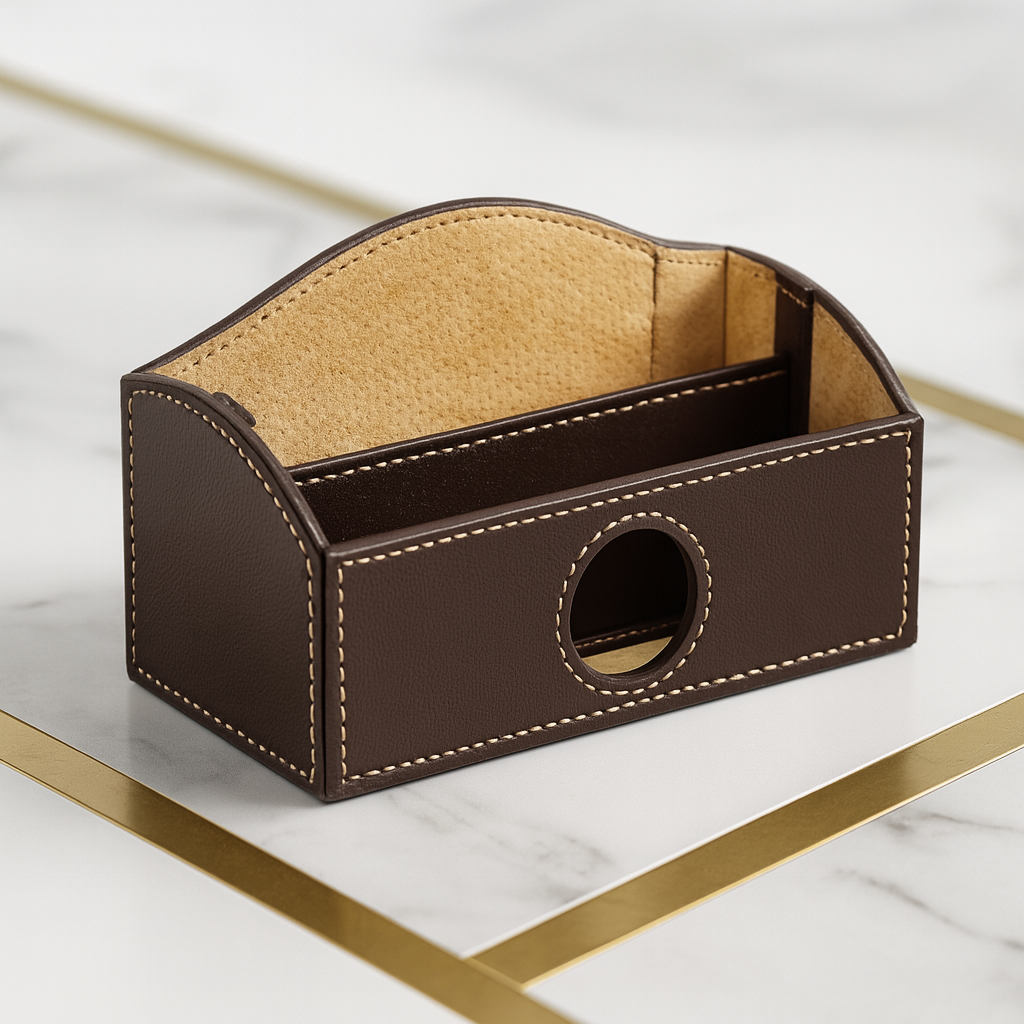 Leather Brown Table Top Document Container