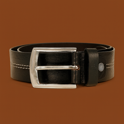 Men Black Middle Thread Leather Belt