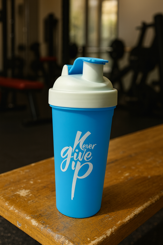 Never Give Up Printed White Blue Gym Shaker