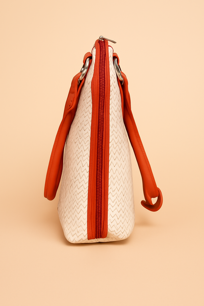 Leather White Red Strip Weave Women Hand Bag