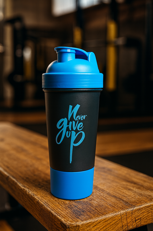 Never Give Up Printed Blue Black Gym Shaker