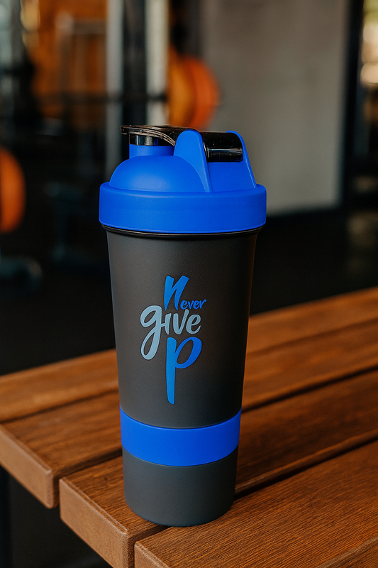 Never Give Up Printed Blue Black 3 in 1 Gym Shaker