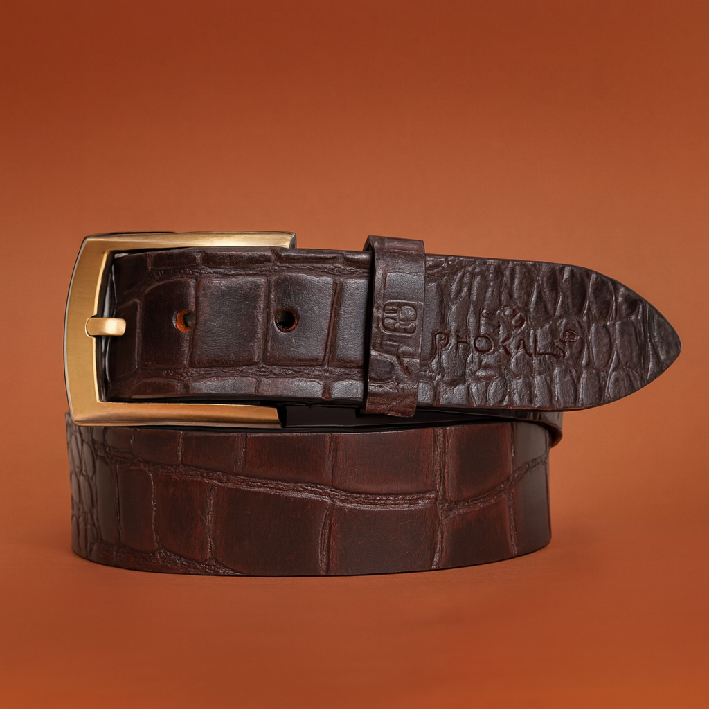 Bhokals Men Croc Texture  Brown Leather Belt