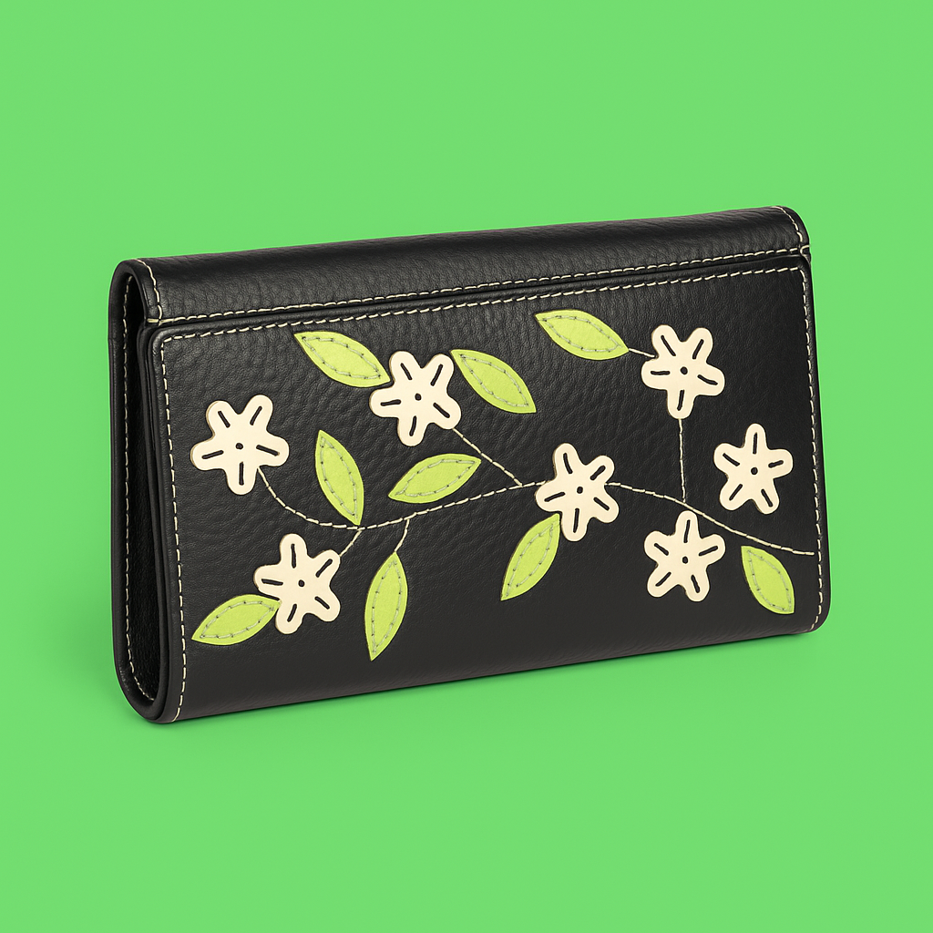 Leather Black Cream Flower Women Wallet