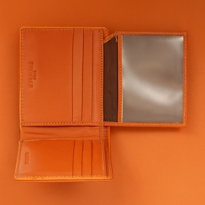 Leather Bifold Wallet, Brown with Orange Interior, Multiple Card Slots, ID Window, Classic Design