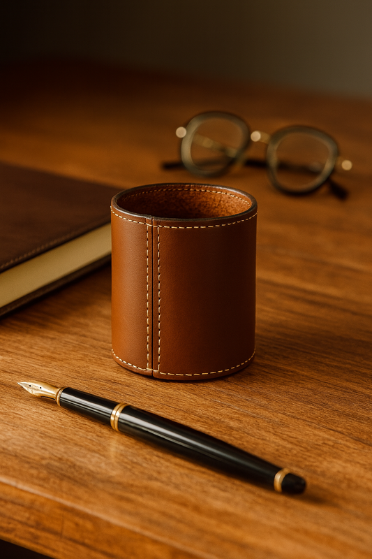 Leather Brown Round Pen Holder
