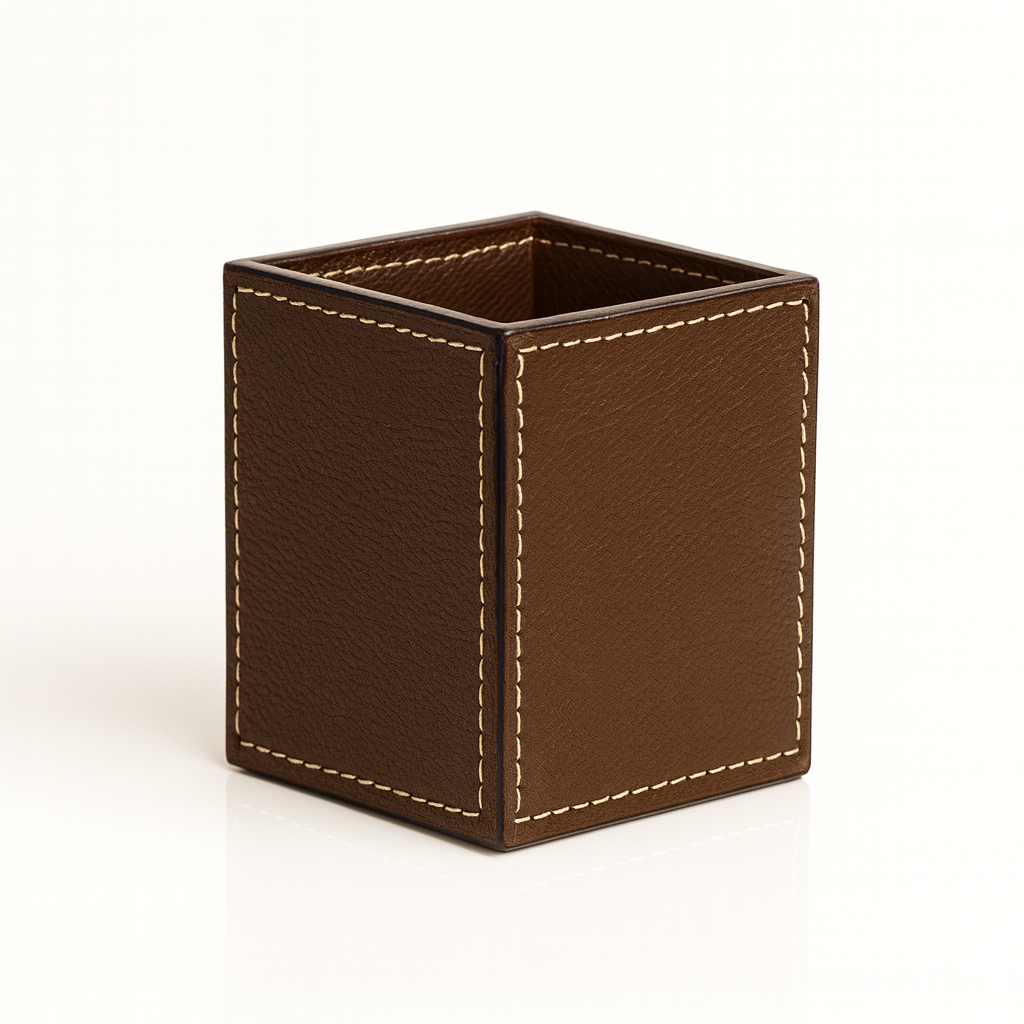 Leather Solid Brown Square Pen Holder