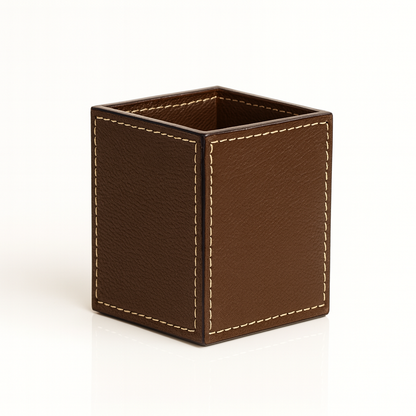 Leather Solid Brown Square Pen Holder