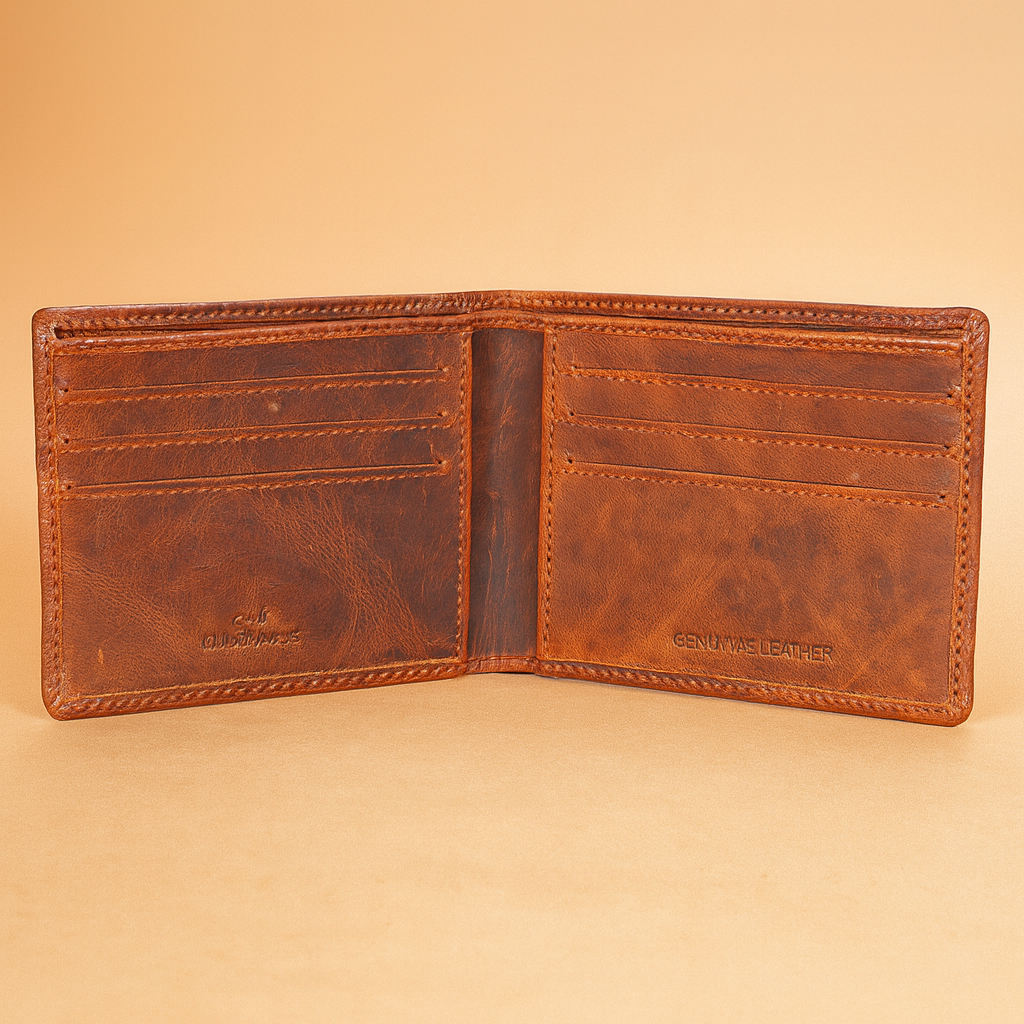 BHOKALS Genuine Leather Bifold Wallet, Brown, Checkered Pattern Design, Multiple Card Slots, Vintage Style, Classic Men's Accessory