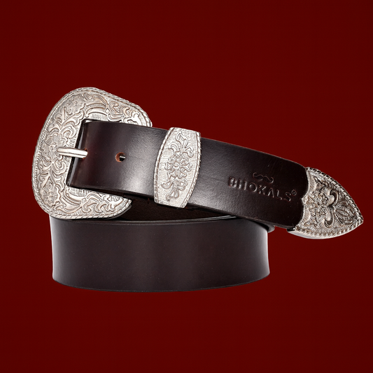 Bhokals Maharaja Men  Silver Buckle  Brown Leather Belt