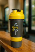 Never Give Up Printed Yellow Black 3 in 1 Gym Shaker