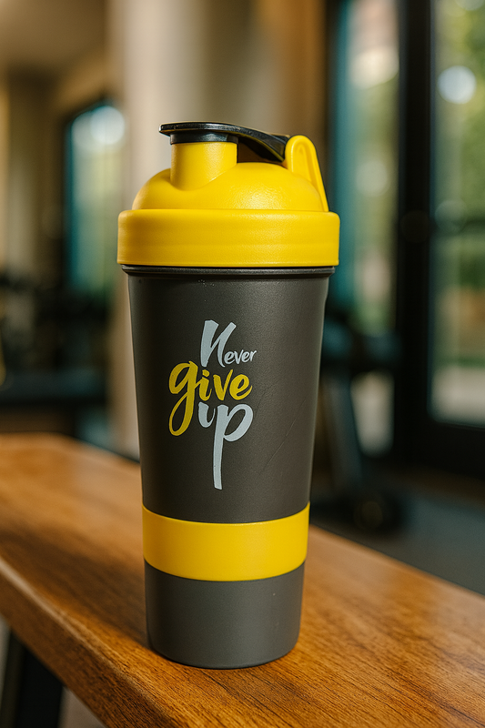 Never Give Up Printed Yellow Black 3 in 1 Gym Shaker