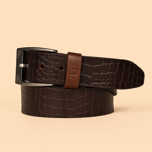 Bhokals Men Brown Crocs Texture  Casual Leather Belt