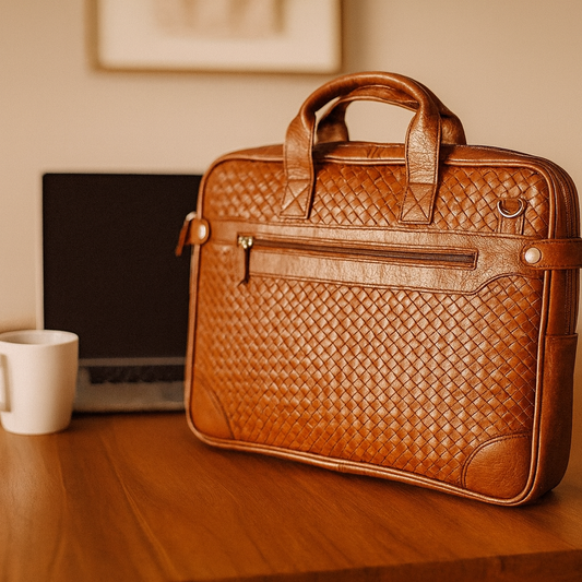 Bhokals Leather Tan Weave Laptop Bag