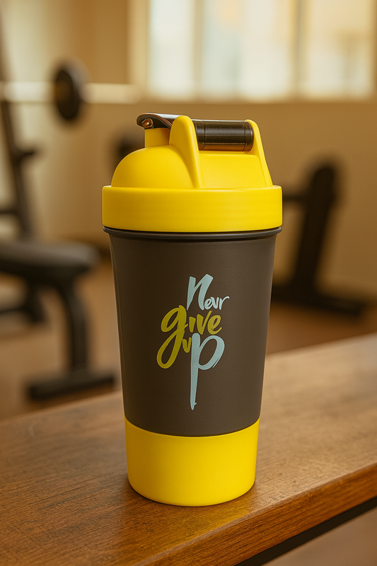 Never Give Up Printed Yellow Black Gym Shaker
