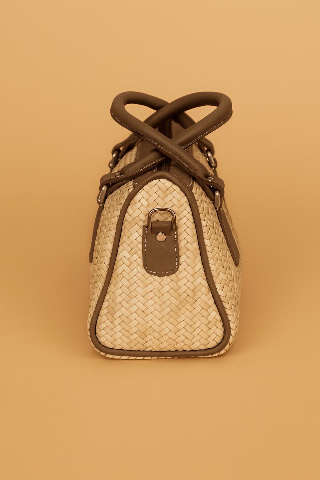 Leather Cream Grey Strip Weave Women Hand Bag