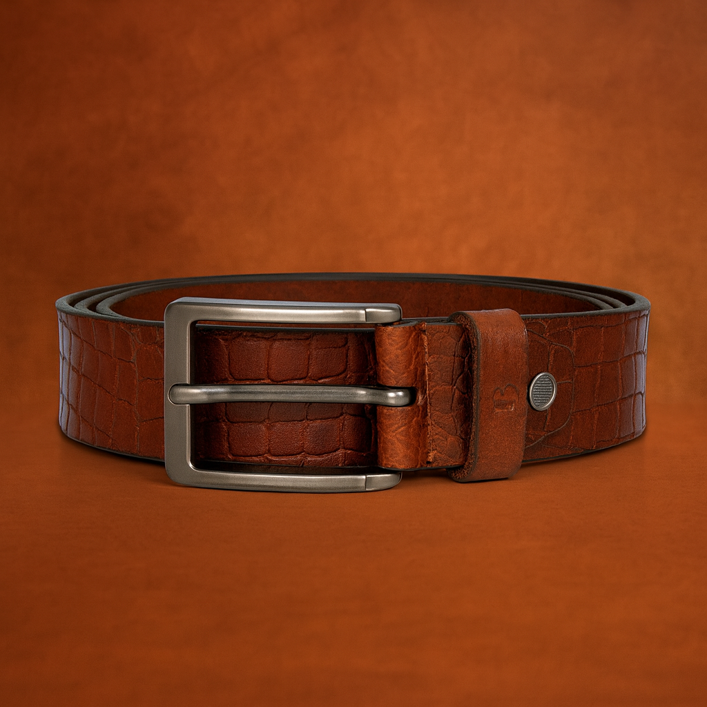 Bhokals Men Tan Brown Crocs Texture Leather Belt