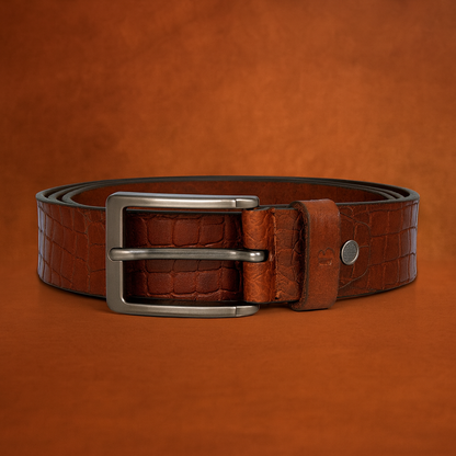 Bhokals Men Tan Brown Crocs Texture Leather Belt