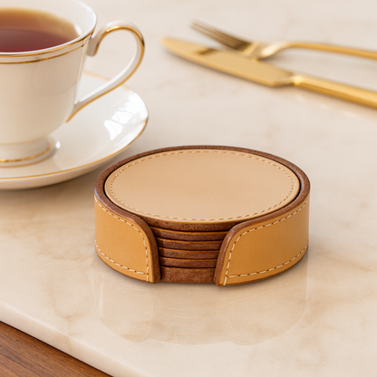 Leather Tan Round Tea Coaster