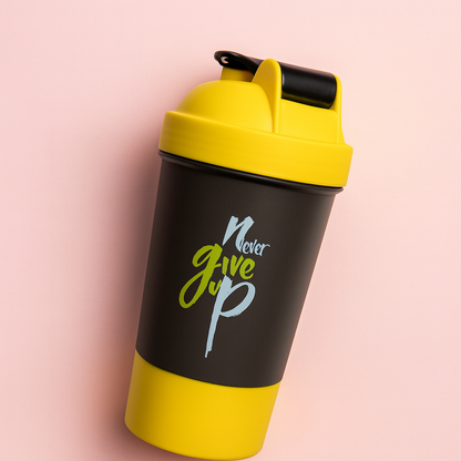 Never Give Up Printed Yellow Black Gym Shaker