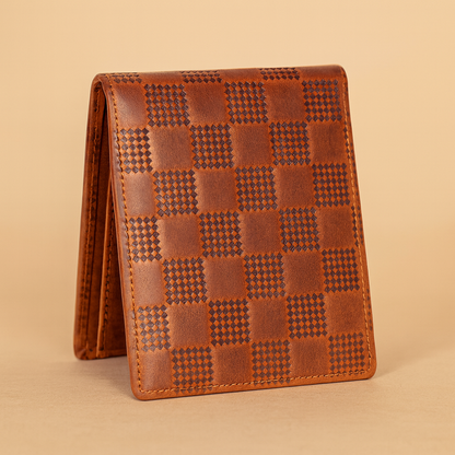 BHOKALS Genuine Leather Bifold Wallet, Brown, Checkered Pattern Design, Multiple Card Slots, Vintage Style, Classic Men's Accessory
