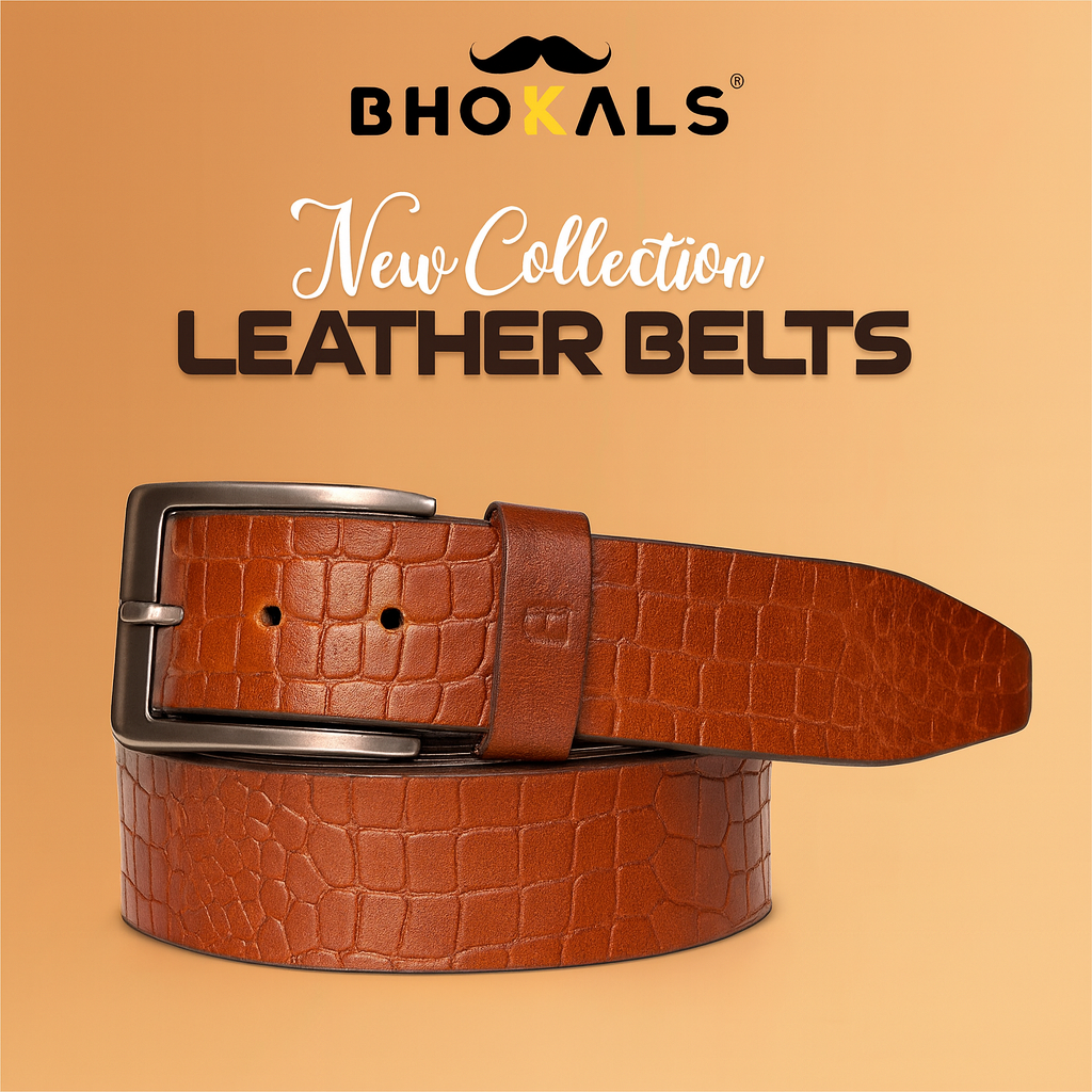 Bhokals Men Tan Brown Crocs Texture Leather Belt