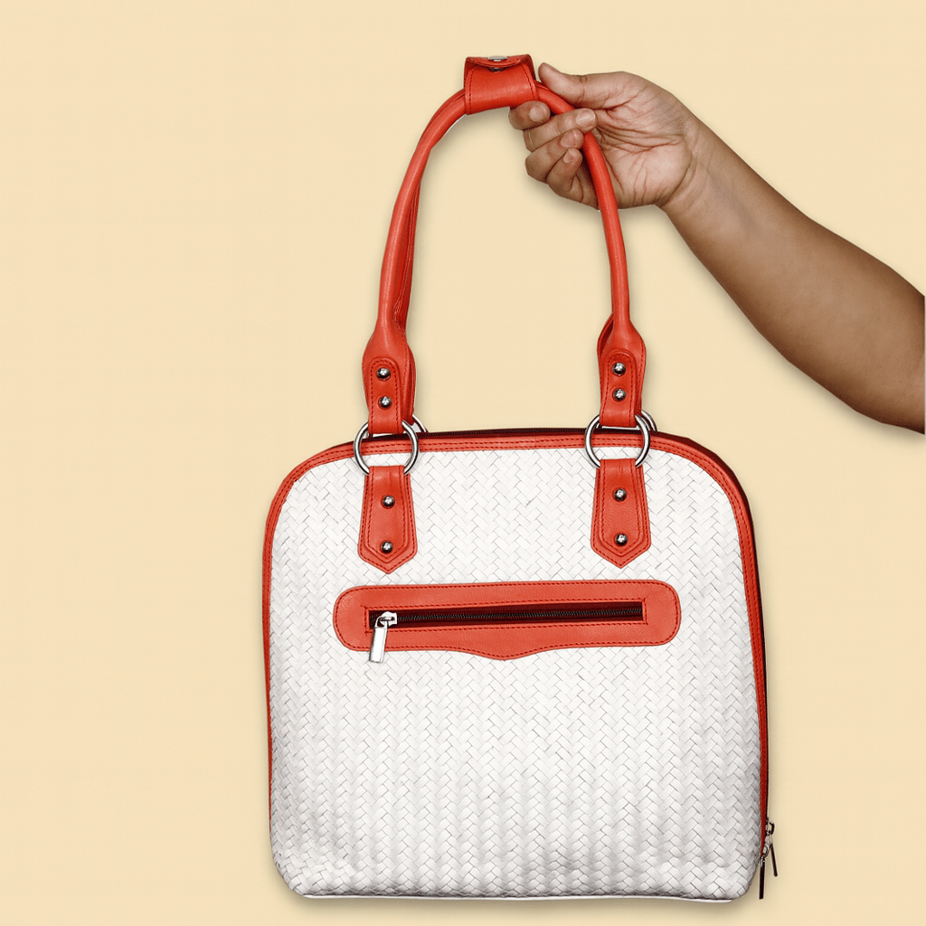 Leather White Red Strip Weave Women Hand Bag