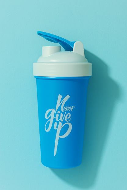 Never Give Up Printed White Blue Gym Shaker
