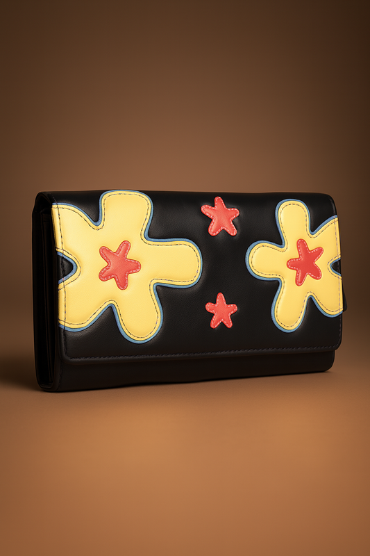Leather Solid Black Big Flower Women Wallet