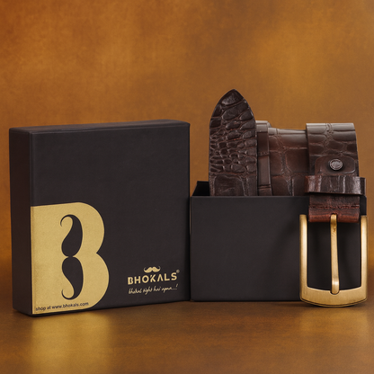 Bhokals Men Croc Texture  Brown Leather Belt