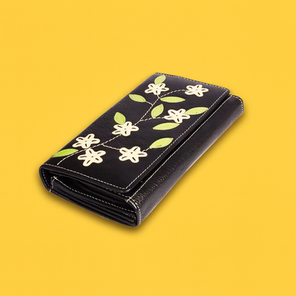 Leather Black Cream Flower Women Wallet
