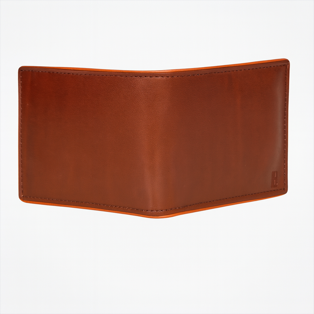 Leather Bifold Wallet, Brown with Orange Interior, Multiple Card Slots, ID Window, Classic Design