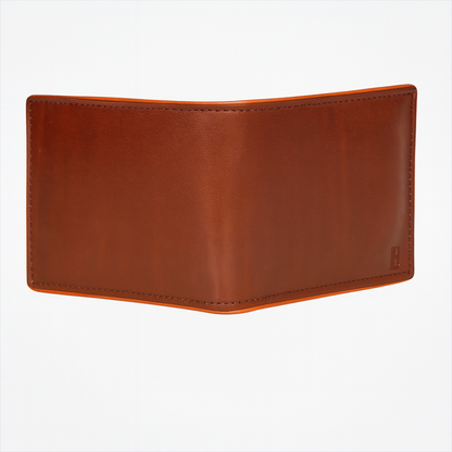 Leather Bifold Wallet, Brown with Orange Interior, Multiple Card Slots, ID Window, Classic Design