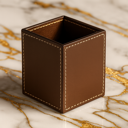 Leather Solid Brown Square Pen Holder