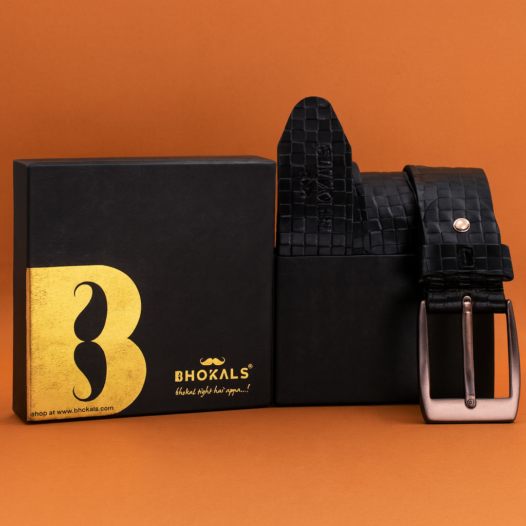 Bhokals Men Black Chess Plub Leather Belt