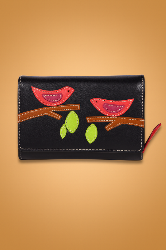 Leather Solid Black Red Bird Women Wallet