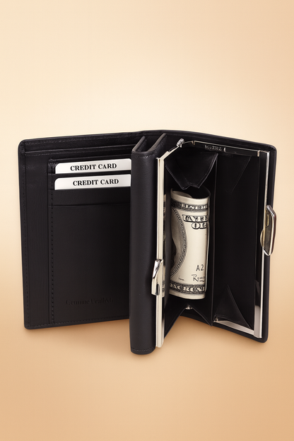 Leather Solid Black Clutch Women Wallet