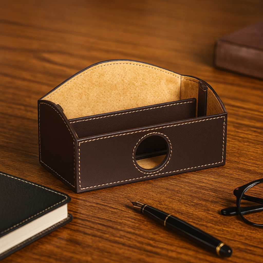 Leather Brown Table Top Document Container