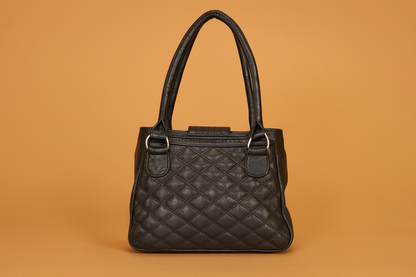 Leather Black Check Women Hand Bag