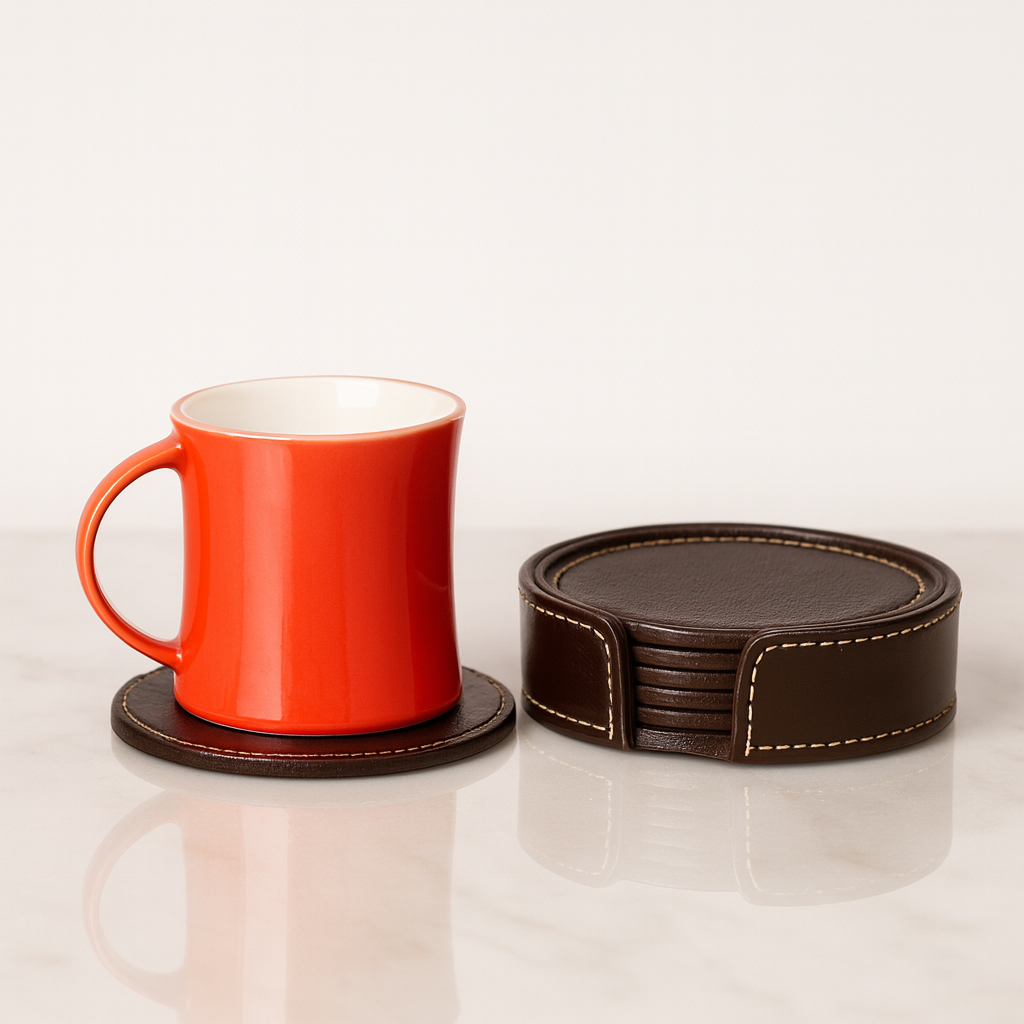 Leather Brown Round Tea Coaster