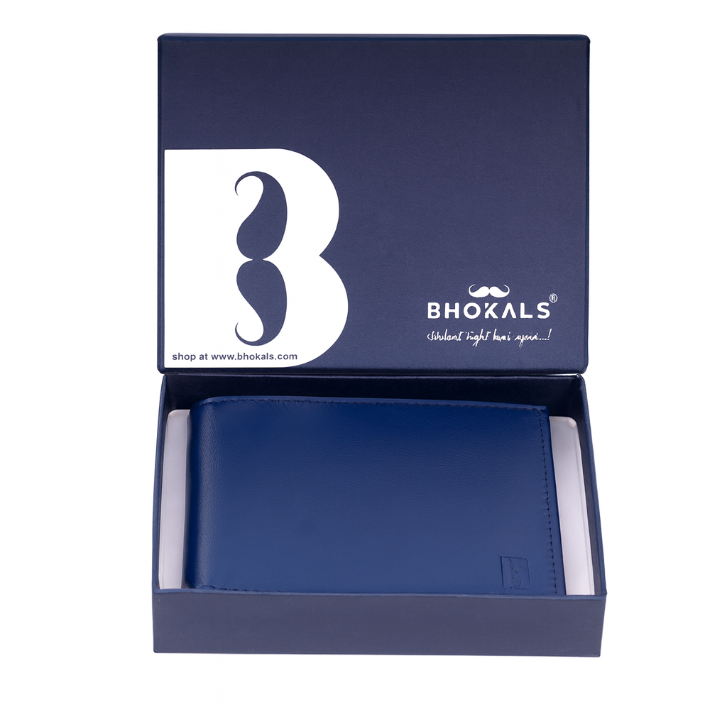 Men's Classic Leather Bifold Wallet, Navy Blue, Multiple Card Slots, Slim Design