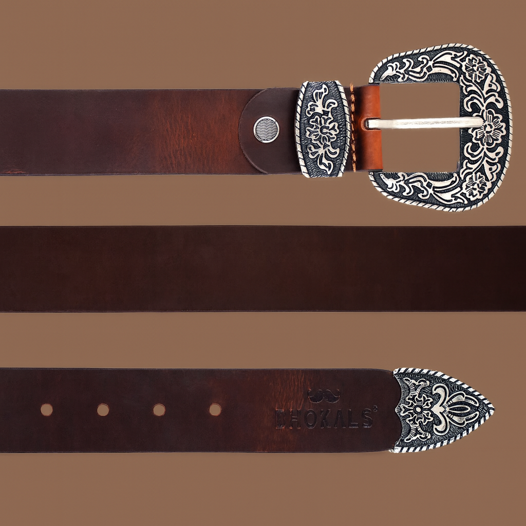 Bhokals Maharaja Men  Golden Buckle Brown Leather Belt