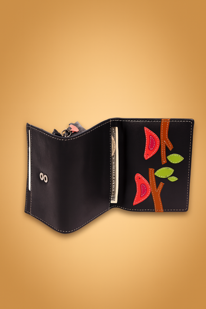 Leather Solid Black Red Bird Women Wallet
